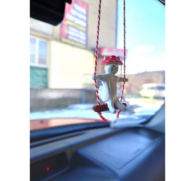 Amanita mushroom swinging cat car mirror hanging