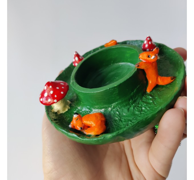 Foxes with amanita mushrooms candle holder