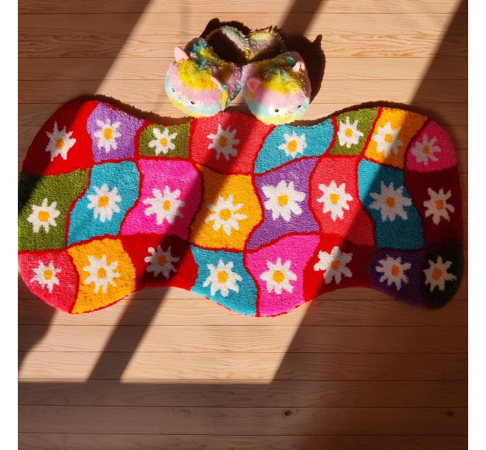 Rainbow daisy runner Patchwork style hand tuft rug