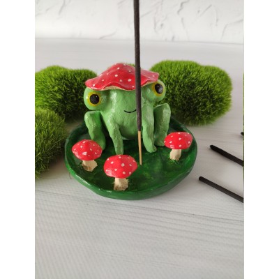 Big frog with mushroom hat incense holder Happy froggy with mushroom hat incense burner