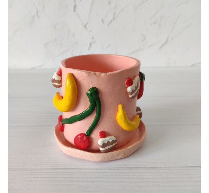 Cute fruit pot for plant Pink pot with saucer