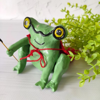 Sitting frog with red cloak incense holder Wizard boy with glasses
